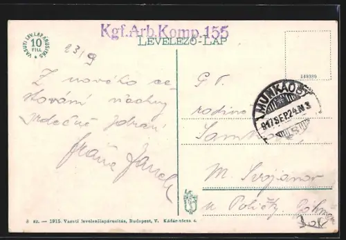 AK Munkács, Rákóczi-utca mit Kirche