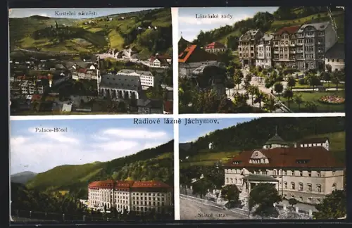 AK St. Joachimstal, Kirchenplatz, Kurpark, Palast Hotel, Staatl. Kuranstalt
