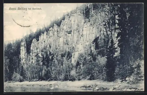AK Karlsbad, Hans Heiling, Uferpartie mit Klippen