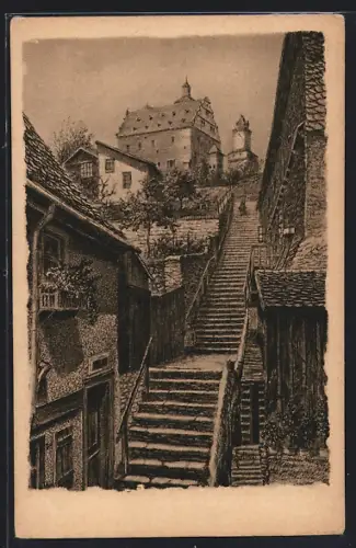 AK Kronberg i. Taunus, Schütttreppe mit Blick auf Burg