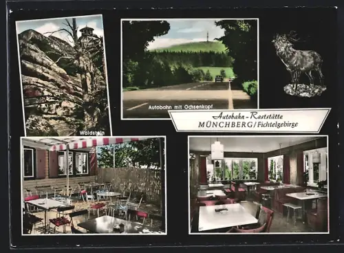 AK Münchberg /Fichtelgebirge, Autobahn-Raststätte, Waldstein, Autobahn mit Ochsenkopf