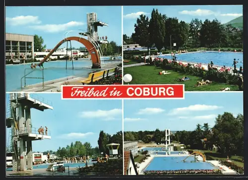 AK Coburg, Freibad, Sprungturm, Schwimmbecken, Liegewiese