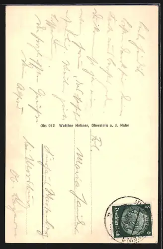 AK Oberstein a. d. Nahe, Stadtansicht mit Fluss und umliegenden Hügeln