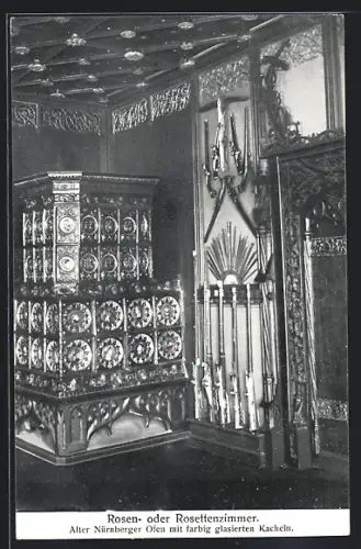 AK Coburg, Rosen- oder Rosettenzimmer, Alter Nürnberger Ofen mit farbig glasierten Kacheln