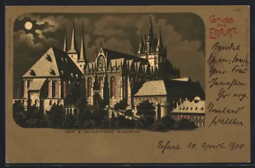 Lithographie Erfurt, Westseite von Dom und Severikirche