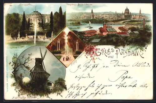 Lithographie Potsdam, Historische Mühle, Eingang n. Sanssouci, Schloss und Panorama v. Brauhausberg