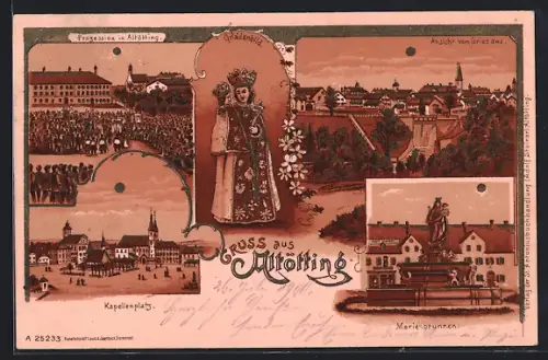 Lithographie Altötting, Kapellenplatz, Marienbrunnen, Gnadenbild, Prozession