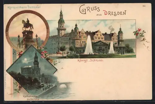 Lithographie Dresden, Königl. Schloss, König Johann-Denkmal, Katholische Hofkirche
