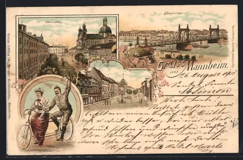 Lithographie Mannheim, Tandem mit Ehepaar, Neckarbrücke und Schillerplatz
