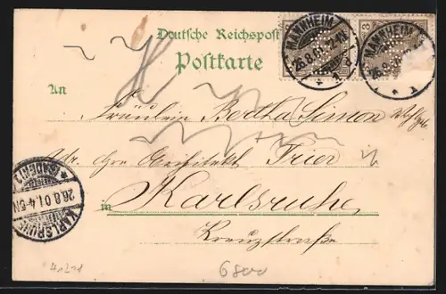 Lithographie Mannheim, Tandem mit Ehepaar, Neckarbrücke und Schillerplatz