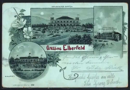 Mondschein-Lithographie Elberfeld, Zoologischer Garten, Stadthalle auf dem Johannisberg, Haardt