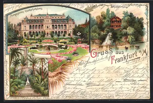Lithographie Frankfurt-Westend, Palmengarten Gesellschaftshaus und Schweizerhaus