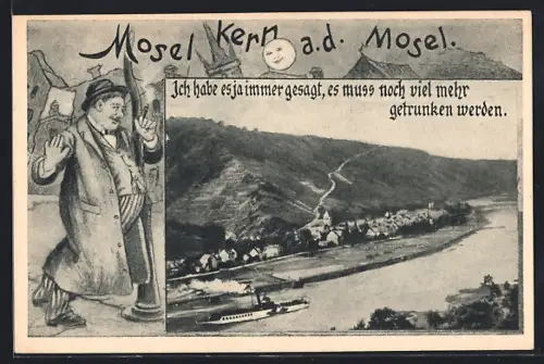 Wirtshaus-AK Moselkern, Ortsausblick und betrunkener Mann am Laternenmast