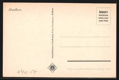 Wirtshaus-AK Moselkern, Ortsausblick und betrunkener Mann am Laternenmast