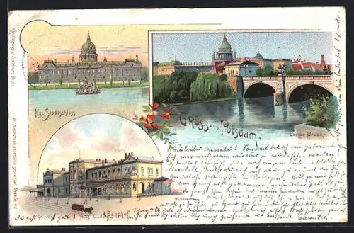 Lithographie Potsdam, Pferdebahn vor dem Bahnhof, Lange Brücke und Kgl. Stadtschloss