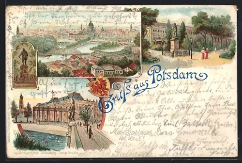 Lithographie Potsdam, Panorama vom Brauhausberge, Wilhelmsplatz u. Kgl. Garnisonskirche, Stadtschloss u. Lange Brücke