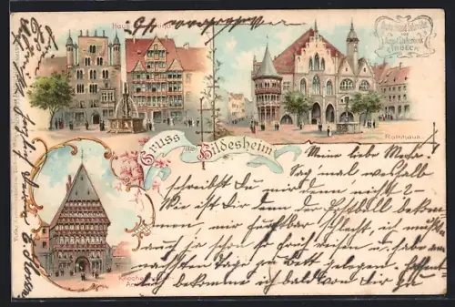 Lithographie Hildesheim, Haus Wedekind, Knochenhauer-Amtshaus, Rathaus