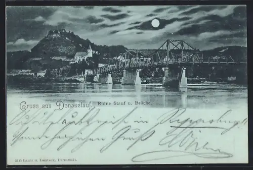 Mondschein-AK Donaustauf, Ruine Stauf und Brücke