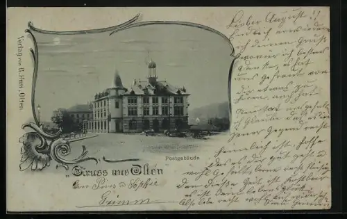 Mondschein-AK Olten, Postgebäude, Passepartout