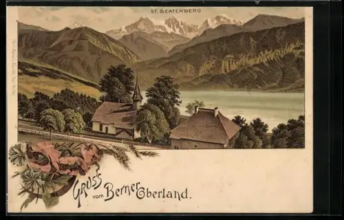 Lithographie St. Beatenberg, Partie am Ortsrand mit Kirche, Berge, See