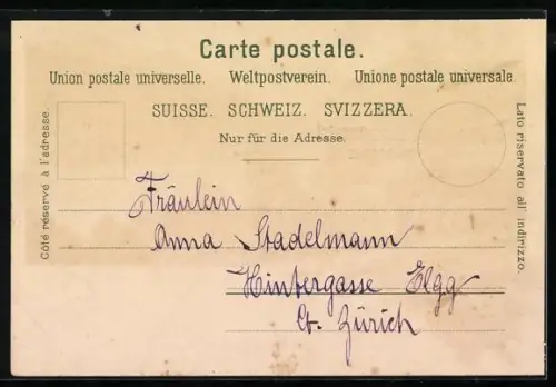 Lithographie St. Beatenberg, Partie am Ortsrand mit Kirche, Berge, See