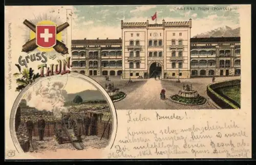 Lithographie Thun, Portal der Kaserne, Artillerie bei Schiessübungen