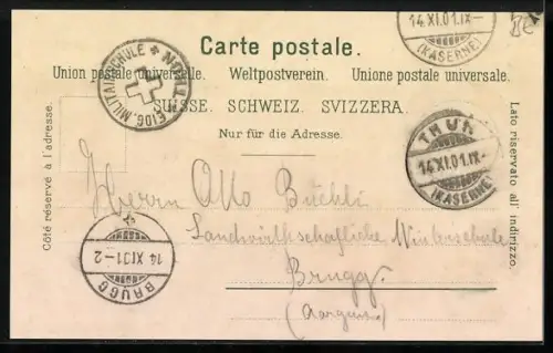 Lithographie Thun, Portal der Kaserne, Artillerie bei Schiessübungen