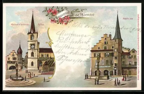 Lithographie Bienne, Maison d`artistes & Eglise, Haute rue