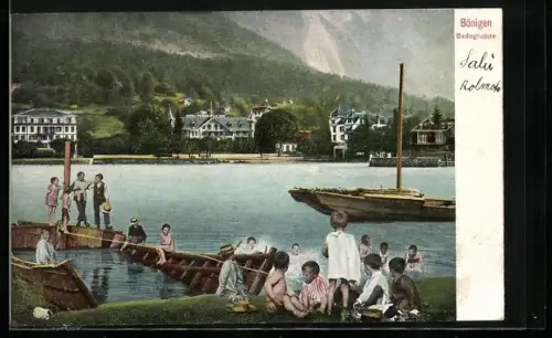 AK Bönigen, Badegruppe, Ortsansicht