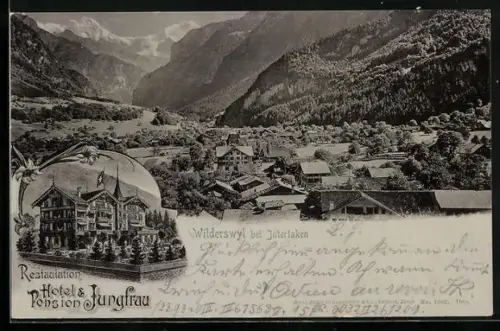 Lithographie Wilderswyl, Hotel-Pension Jungfrau, Totalansicht mit Gebirge
