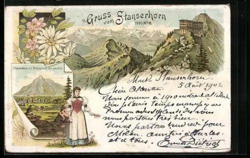 Lithographie Stanserhorn, Hotel mit Bergbahn, Panorama von der Brünigroute aus gesehen