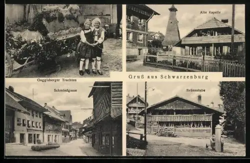 AK Schwarzenburg, Gasthaus Brünnstube, Alte Kapelle, Guggisberger Trachten