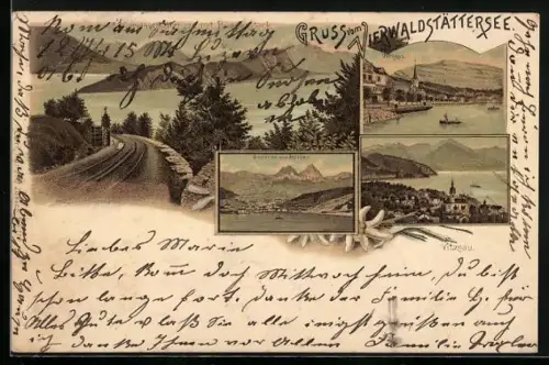 Lithographie Vitznau /Vierwaldstättersee, Panorama mit Bürgenstock, Weggis, Brunnen und Mythen