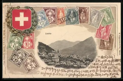 AK Loéche, Teilansicht, Wappen mit Briefmarken, Passepartout