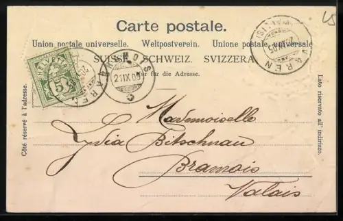 AK Loéche, Teilansicht, Wappen mit Briefmarken, Passepartout