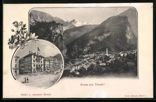 AK Thusis, Hotel z. weissen Kreuz, Ortsansicht