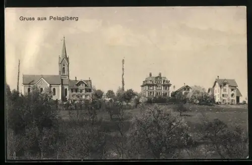 AK Pelagiberg, Ortsansicht mit Kirche