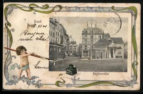 Lithographie Basel, Barfüsserplatz mit Strassenbahn, Kindlein mit Federhalter und Tinte, Passepartout