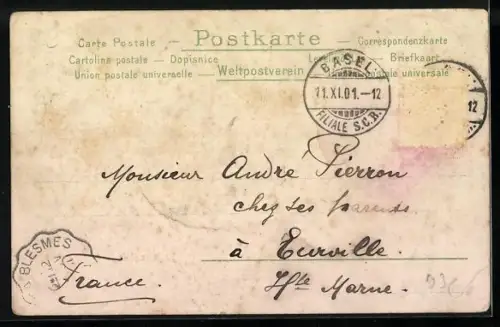 Lithographie Basel, Barfüsserplatz mit Strassenbahn, Kindlein mit Federhalter und Tinte, Passepartout