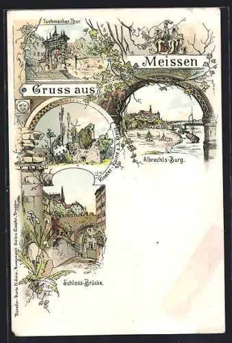 Lithographie Meissen, Albrechts-Burg, Schloss-Brücke, Tuchmacher-Tor