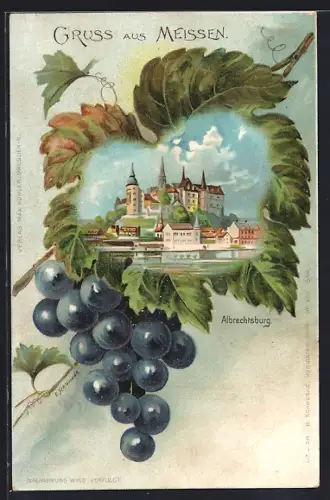 Passepartout-Lithographie Meissen, Blick auf die Albrechtsburg mit Weinblatt