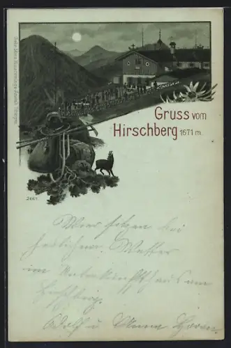 Mondschein-Lithographie Hirschberg, Gasthaus mit Bergsteigerausrüstung
