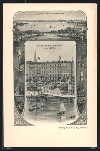 Passepartout-AK Hamburg-Neustadt, Jungfernstieg, Hotel zum Kronprinzen & Panoramablick vom Hotel