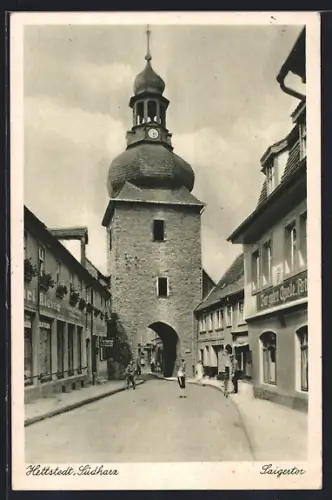 AK Hettstedt /Südharz, Saigertor mit Geschäften