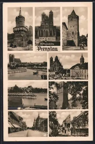 AK Prenzlau, St. Marienkirche, Rathaus, Stettiner Tor, Friedrichstrasse, Mauerstrasse, Schwedter-Tor
