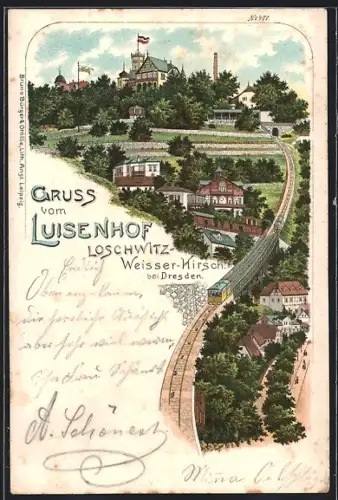 Lithographie Dresden-Weisser Hirsch, Ortsansicht mit Bergbahn