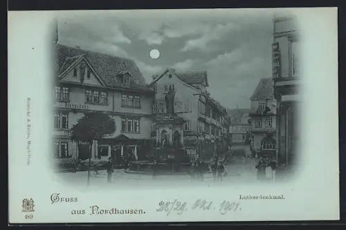 Mondschein-AK Nordhausen, Riesenhaus mit Lutherdenkmal