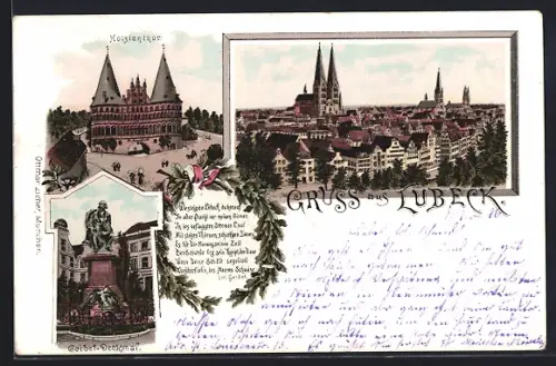 Lithographie Lübeck, Holstenthor, Geibel-Denkmal, Teilansicht mit Dom