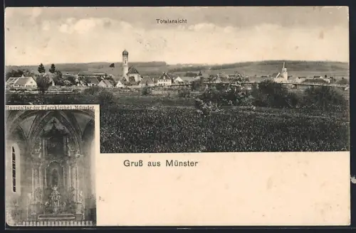 AK Münster /Tapfheim, Totalansicht, Hauptaltar der Pfarrkirche