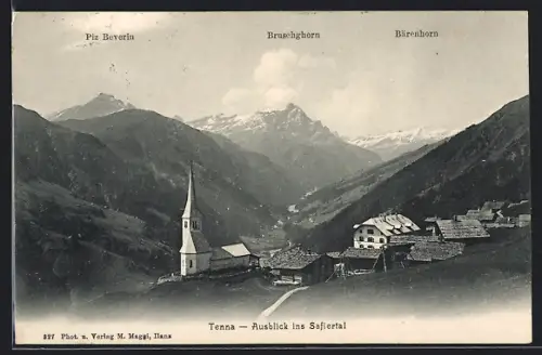 AK Tenna, Kirchpartie mit Ausblick ins Safiertal mit Piz Beverin, Bruschghorn, Bärenhorn